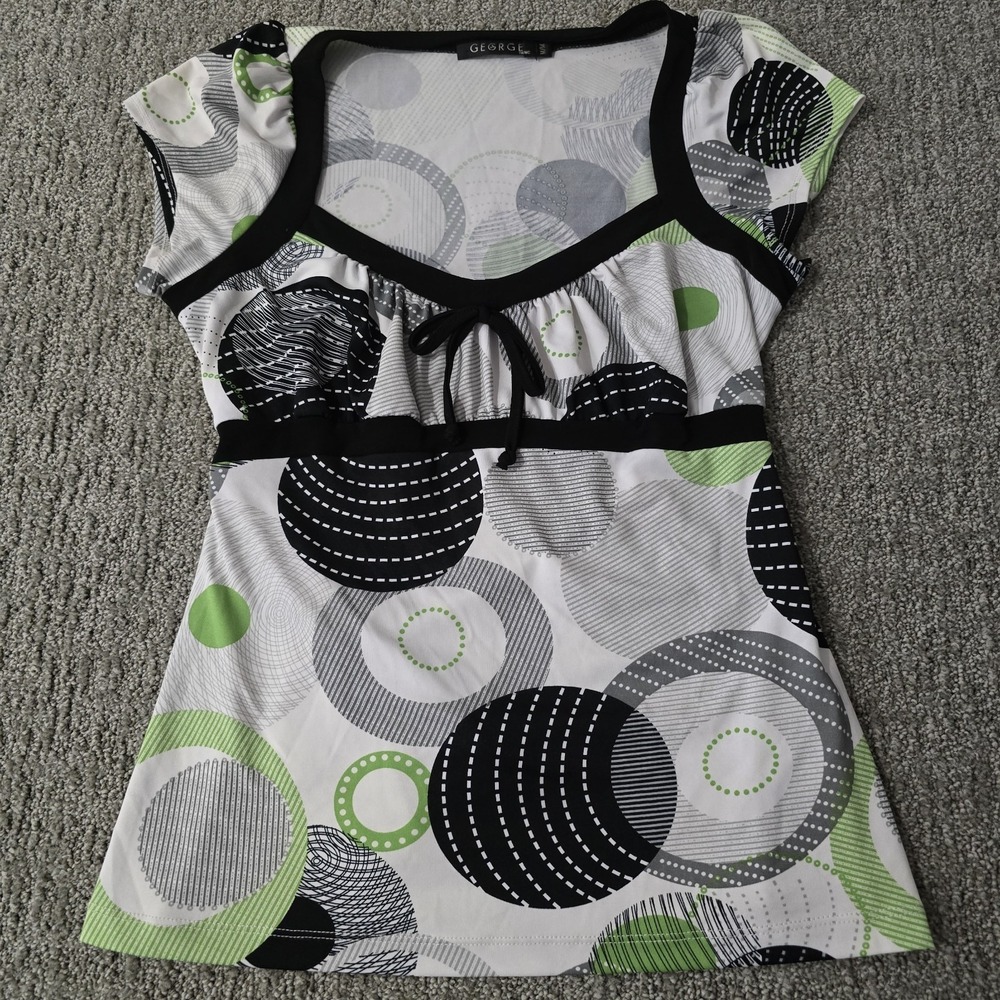 Y2K George Abstract Circle Print Empire Waist Top Size Medium Tie Back